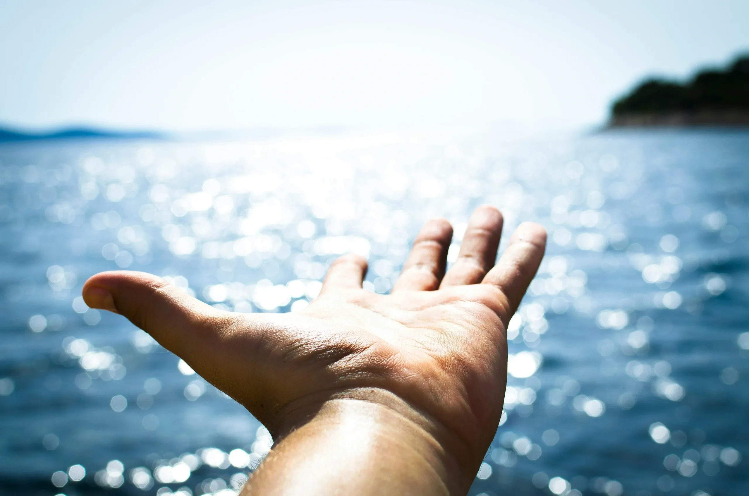 A hand reaching out of the water to catch something.