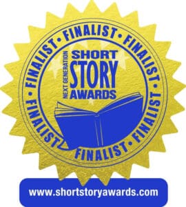 A gold and blue award seal with the words " finalist " written on it.